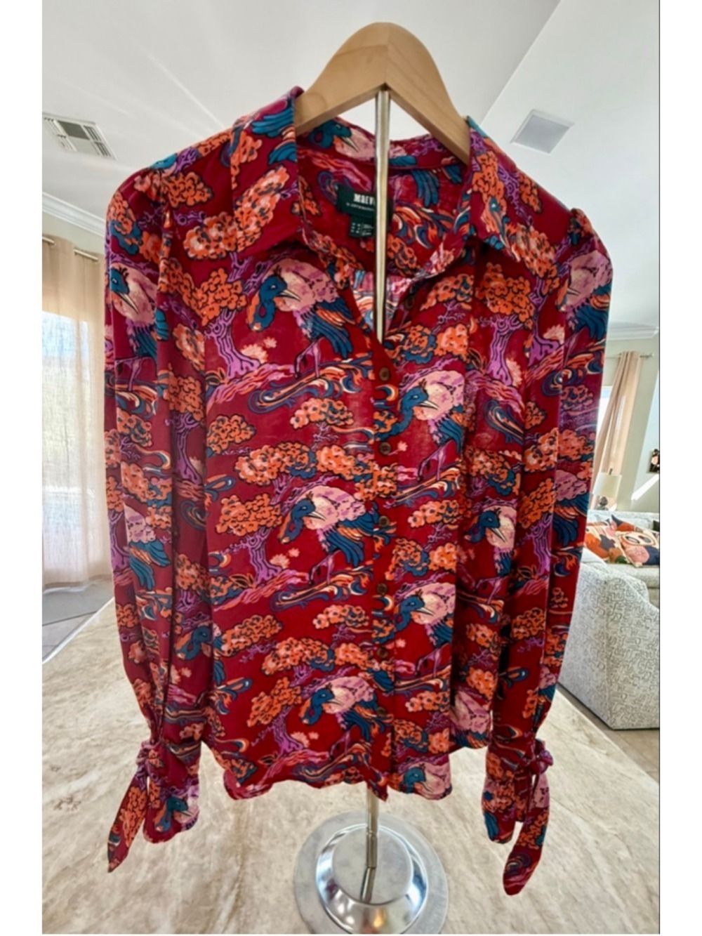 Maeve by Anthropologie Red Orange Bird Print Button Down Shirt Size 6, tie wrist